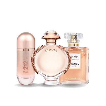 Paquete de 3 perfumes: Carolina Herrera 212 VIP ROSÉ, Paco Rabanne OLYMPÉA, Chanel COCO MADEMOISELLE (Eau de Parfum)