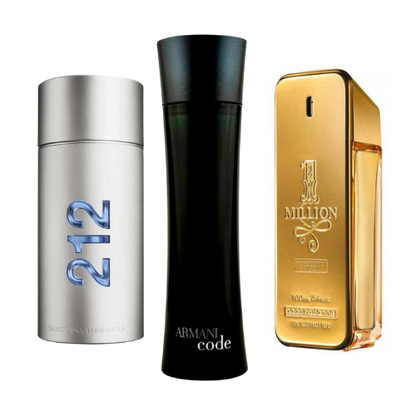 Paquete de 3 perfumes: 212 Men NYC, Paco Rabanne One Million, Armani Code Homme (Eau de Parfum)