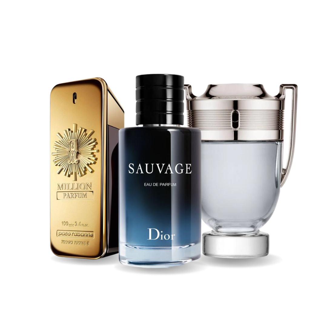 Paquete de 3 perfumes: Paco Rabanne ONE MILLION, Dior SAUVAGE, Paco Rabanne INVICTUS (Eau de Parfum)