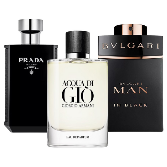 Paquete de 3 perfumes: Bvlgari In Black, Giorgio Armani Acqua Di Gio, L'Homme Prada Intense (Eau de Parfum)